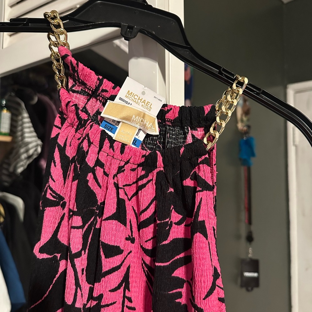 Michael Kors Vibrant Pink and Black Skirt with Gold Chain